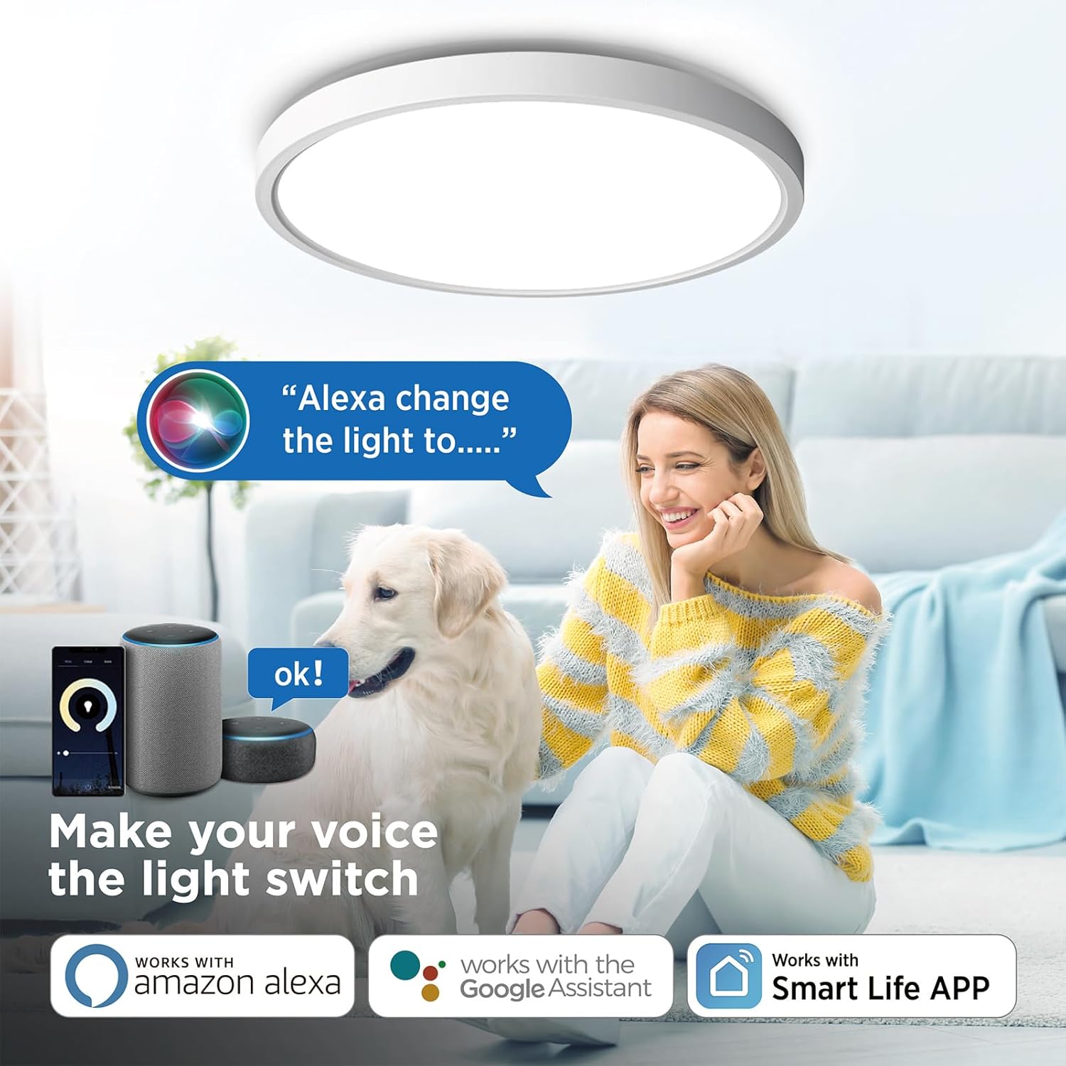 TALOYA Smart Ceiling Light Flush Mount LED WiFi,Compatible with Alexa Google Home,Dimmable Low Profile Ambient Light Fixture for Bedroom Living Room Hallway Kitchen Nursery,12 Inch,RGB - Grand Goldman