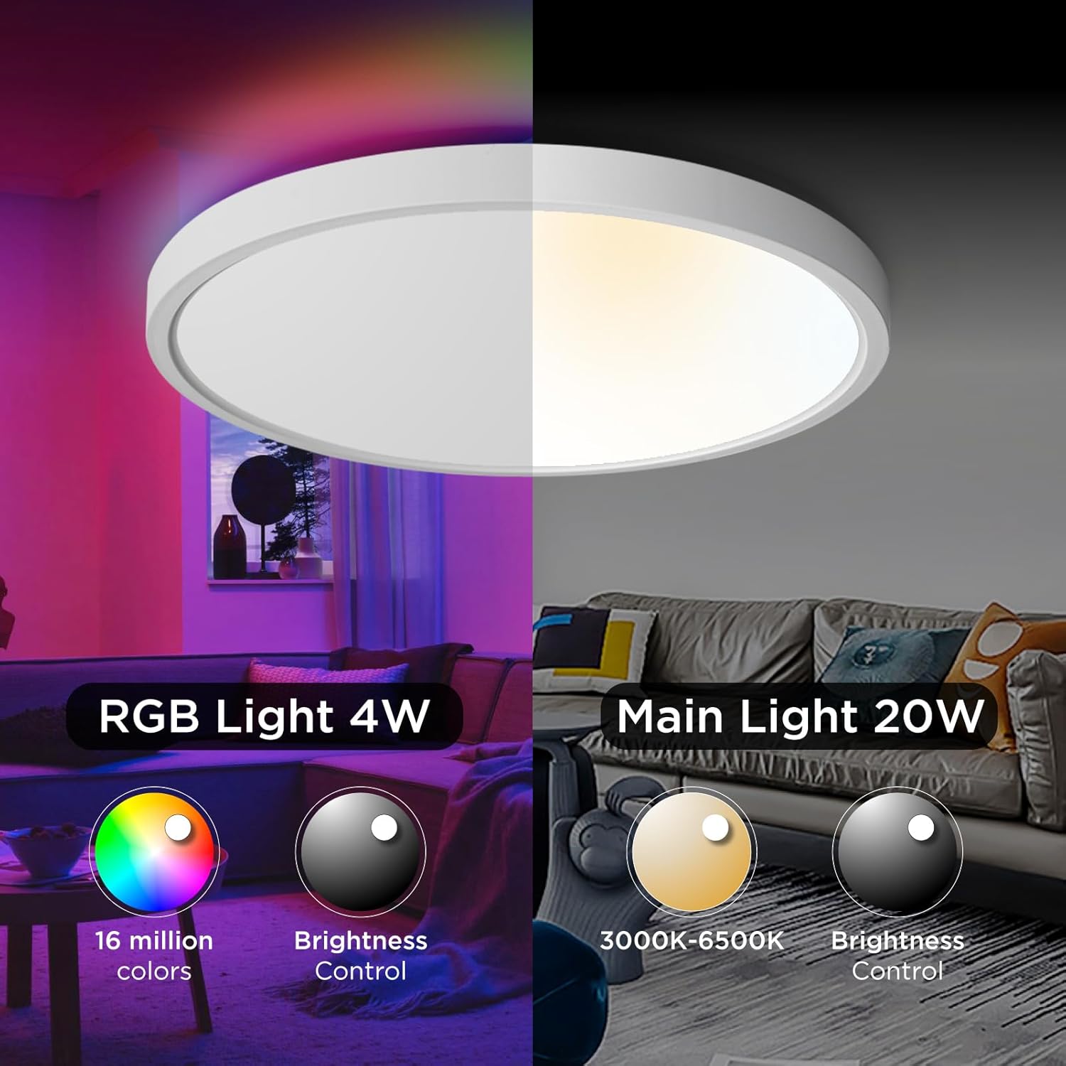 TALOYA Smart Ceiling Light Flush Mount LED WiFi,Compatible with Alexa Google Home,Dimmable Low Profile Ambient Light Fixture for Bedroom Living Room Hallway Kitchen Nursery,12 Inch,RGB - Grand Goldman