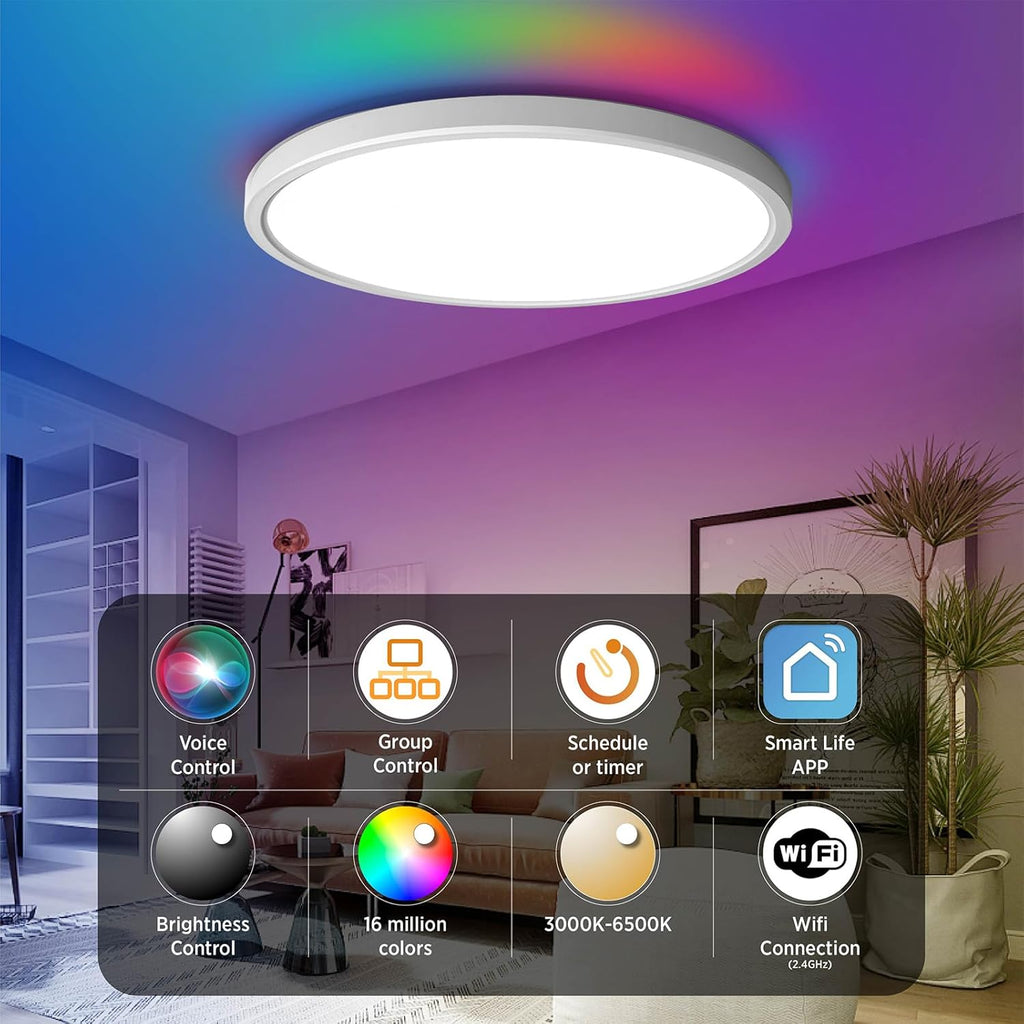 TALOYA Smart Ceiling Light Flush Mount LED WiFi,Compatible with Alexa Google Home,Dimmable Low Profile Ambient Light Fixture for Bedroom Living Room Hallway Kitchen Nursery,12 Inch,RGB - Grand Goldman