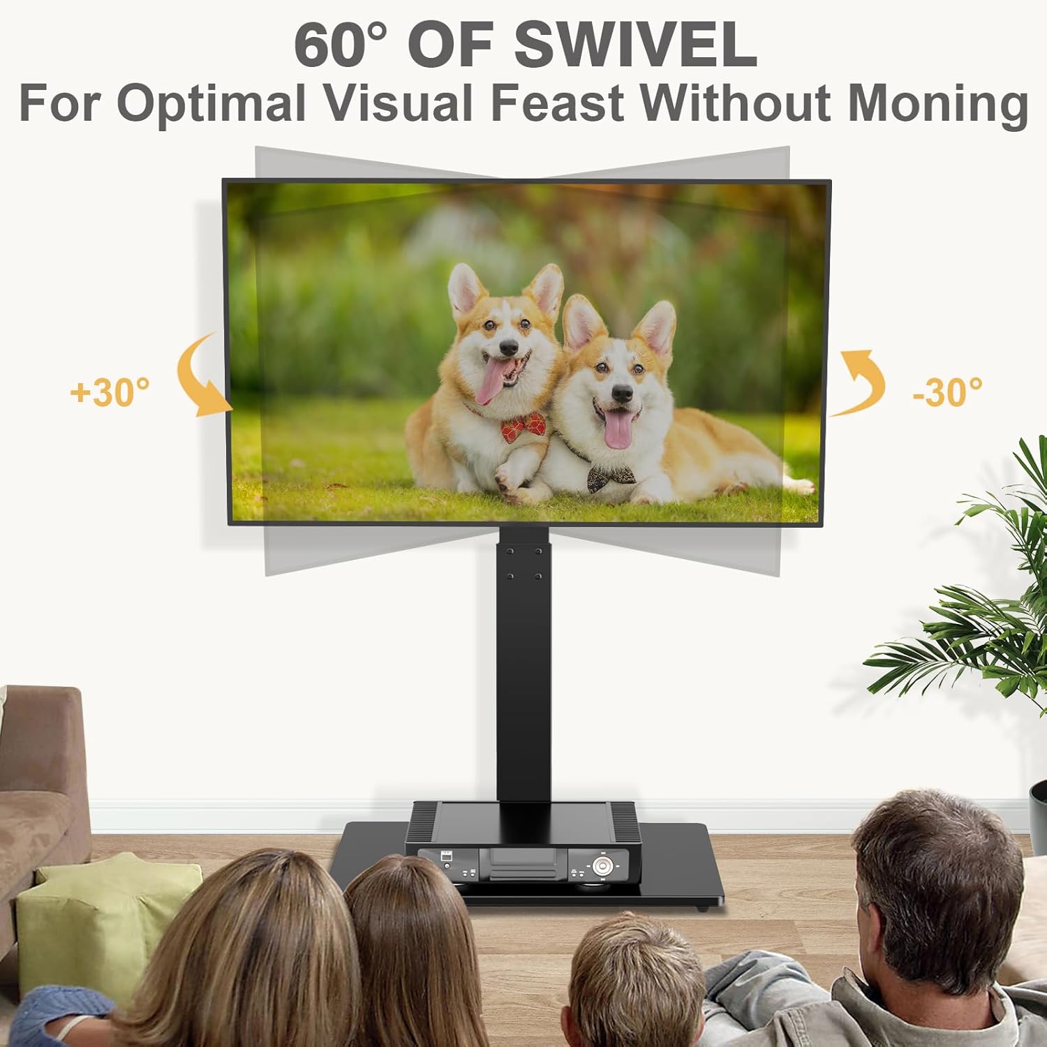 TAVR Universal Floor TV Stand Base for 32-70 Inch TVs up to 110 Lbs with Swivel Height Adjustable Mount, Black Tempered Glass Base for Media Storage and Space Saving - Grand Goldman