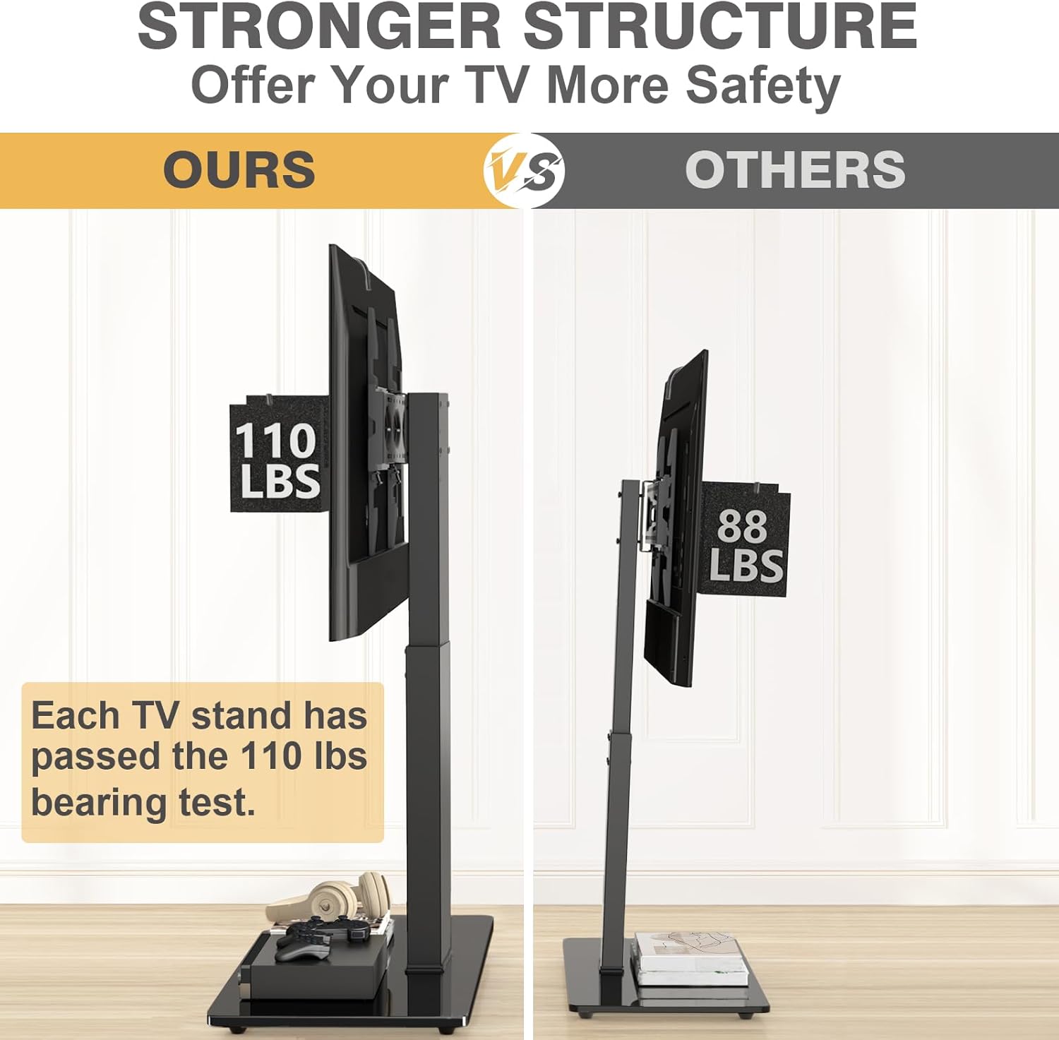 TAVR Universal Floor TV Stand Base for 32-70 Inch TVs up to 110 Lbs with Swivel Height Adjustable Mount, Black Tempered Glass Base for Media Storage and Space Saving - Grand Goldman