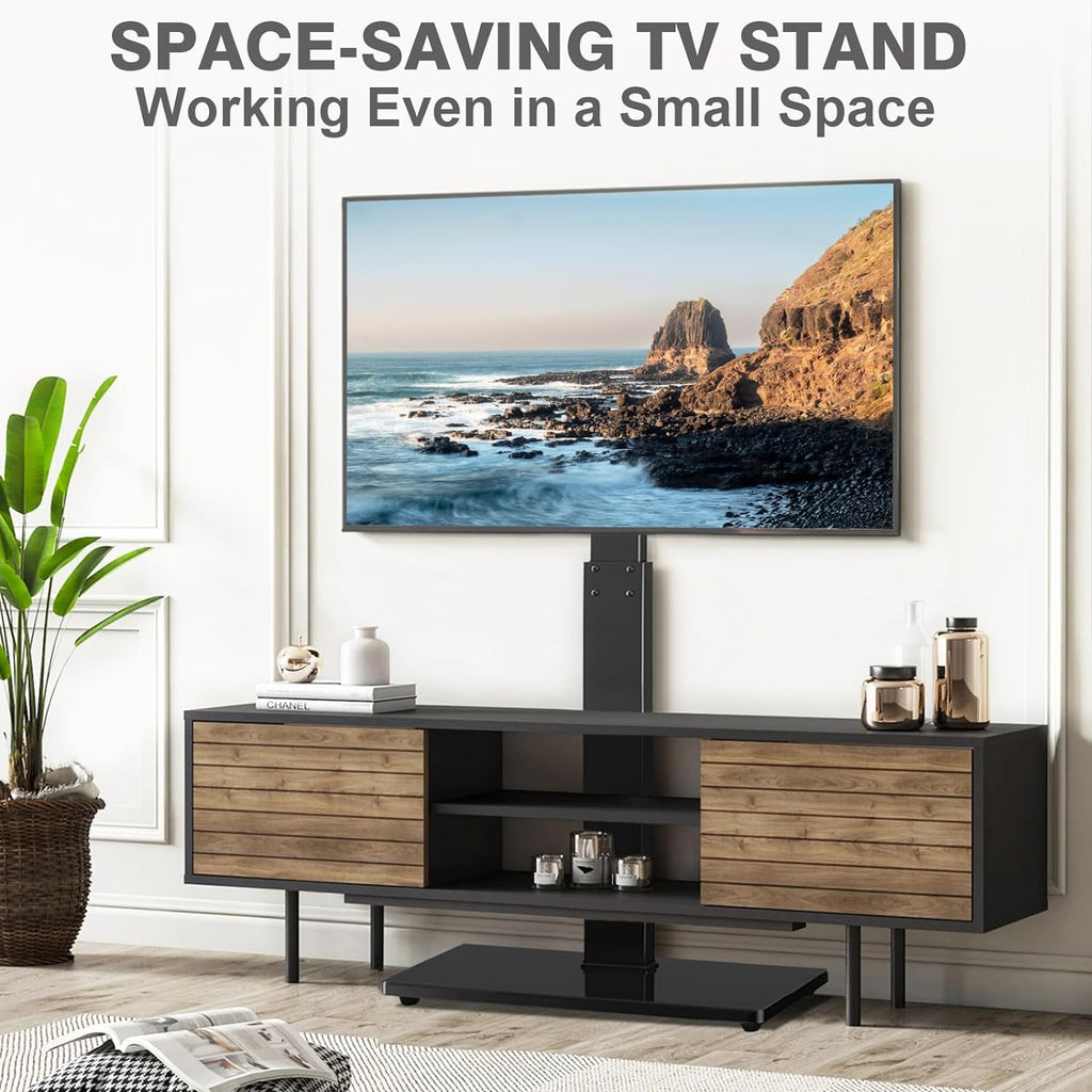 TAVR Universal Floor TV Stand Base for 32-70 Inch TVs up to 110 Lbs with Swivel Height Adjustable Mount, Black Tempered Glass Base for Media Storage and Space Saving - Grand Goldman