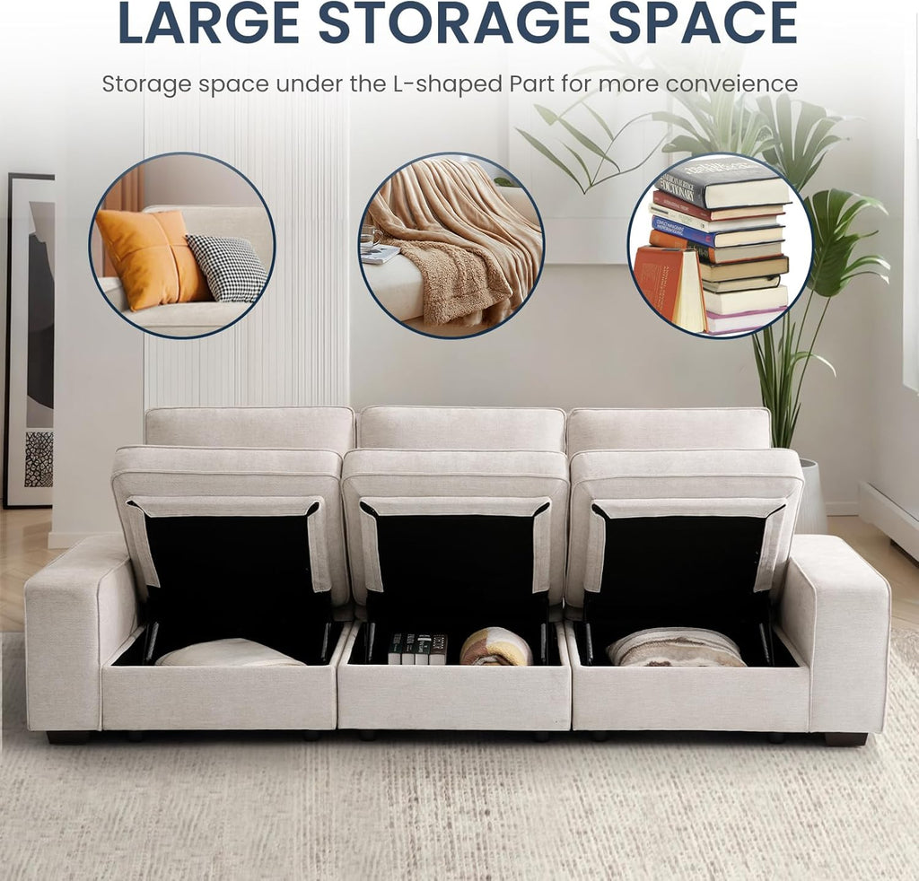 TEKAMON 100" Modular Sofa Couch with Seats Storage, Comfy 3-Seater Chenille Fabric Couch for Living Room, Office, Apart W/Deep Seat, Wide Arms, Side Pockets, USB, Upholstered Couch W/Removable Cover - Grand Goldman