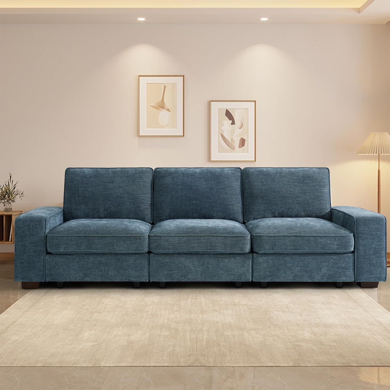 TEKAMON 100" Modular Sofa Couch with Seats Storage, Comfy 3-Seater Chenille Fabric Couch for Living Room, Office, Apart W/Deep Seat, Wide Arms, Side Pockets, USB, Upholstered Couch W/Removable Cover - Grand Goldman