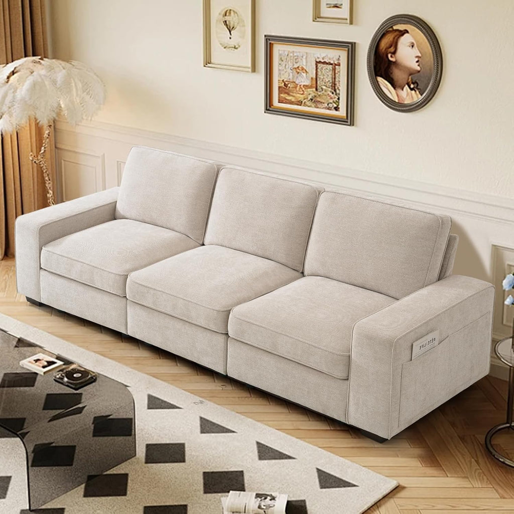 TEKAMON 100" Modular Sofa Couch with Seats Storage, Comfy 3-Seater Chenille Fabric Couch for Living Room, Office, Apart W/Deep Seat, Wide Arms, Side Pockets, USB, Upholstered Couch W/Removable Cover - Grand Goldman