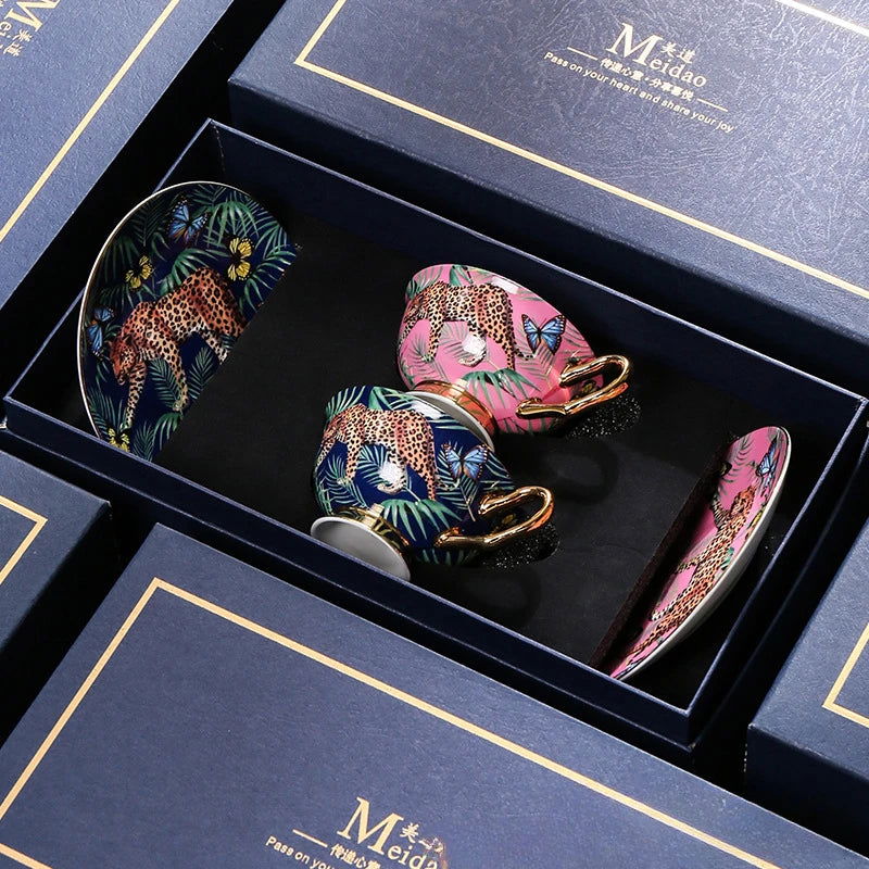 TIGER Creative Pink Bone China Mug Hand Painted Leopard Forest Cheetah Ceramic Coffee Cup with Gold Elements, 200ml Elegant Luxury Tea Set for Home Office Bar and Outdoor Use Perfect Gift Stylish Packaging - Grand Goldman