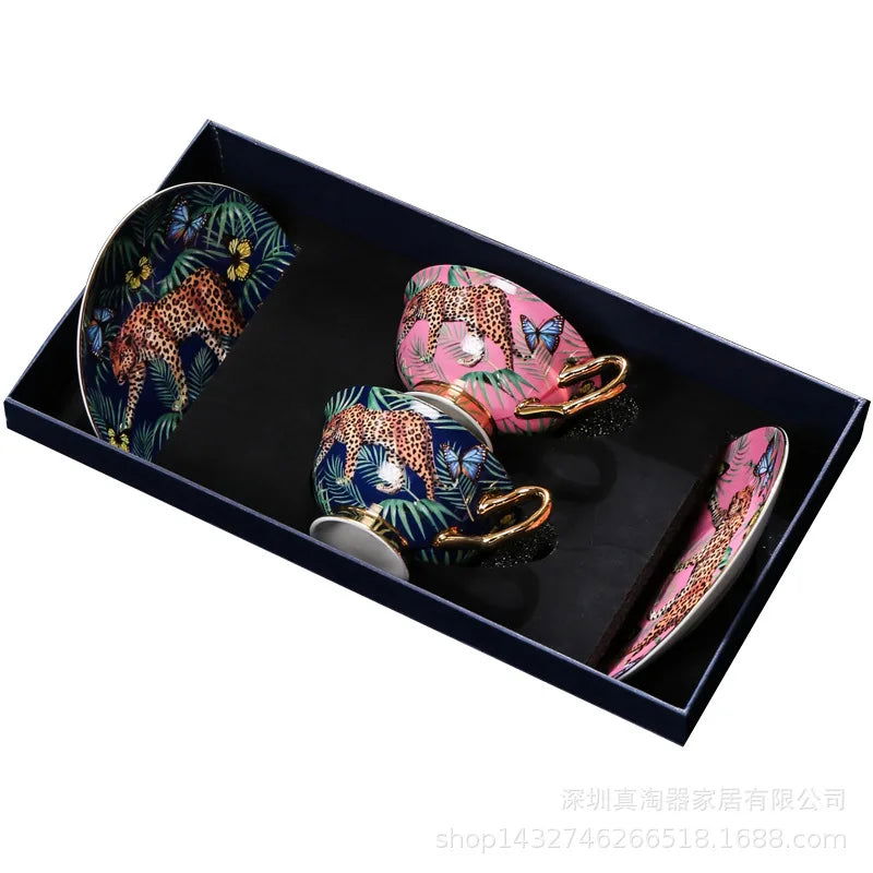 TIGER Creative Pink Bone China Mug Hand Painted Leopard Forest Cheetah Ceramic Coffee Cup with Gold Elements, 200ml Elegant Luxury Tea Set for Home Office Bar and Outdoor Use Perfect Gift Stylish Packaging - Grand Goldman