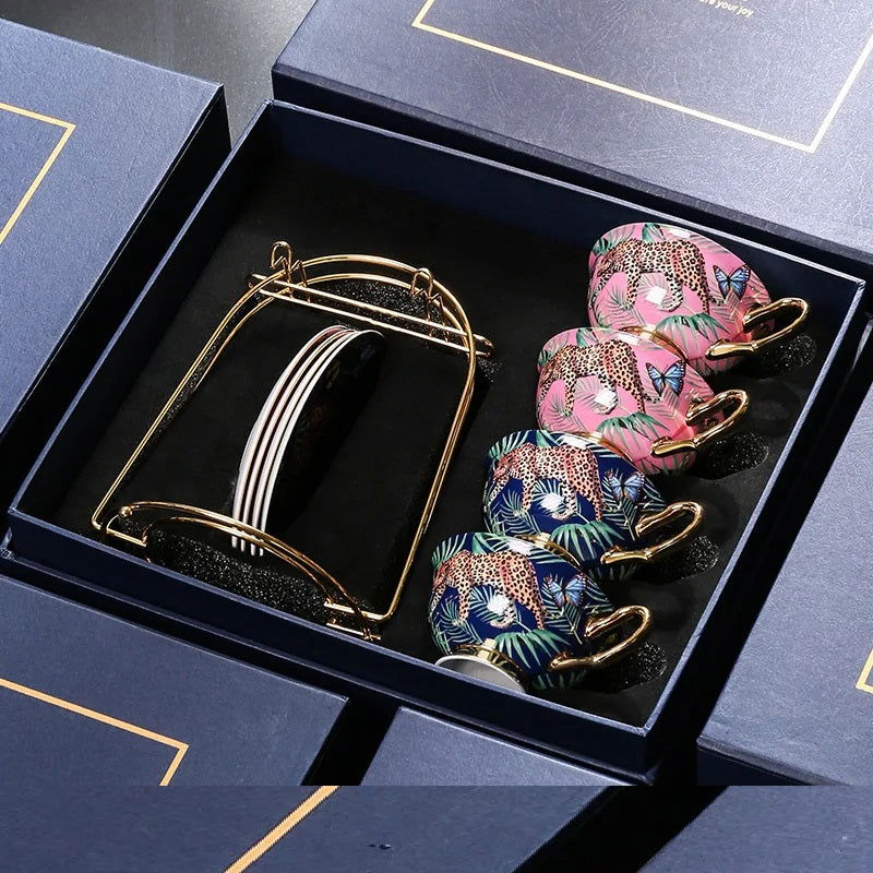 TIGER Creative Pink Bone China Mug Hand Painted Leopard Forest Cheetah Ceramic Coffee Cup with Gold Elements, 200ml Elegant Luxury Tea Set for Home Office Bar and Outdoor Use Perfect Gift Stylish Packaging - Grand Goldman