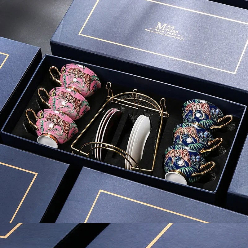 TIGER Creative Pink Bone China Mug Hand Painted Leopard Forest Cheetah Ceramic Coffee Cup with Gold Elements, 200ml Elegant Luxury Tea Set for Home Office Bar and Outdoor Use Perfect Gift Stylish Packaging - Grand Goldman