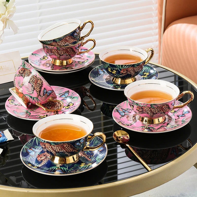 TIGER Creative Pink Bone China Mug Hand Painted Leopard Forest Cheetah Ceramic Coffee Cup with Gold Elements, 200ml Elegant Luxury Tea Set for Home Office Bar and Outdoor Use Perfect Gift Stylish Packaging - Grand Goldman