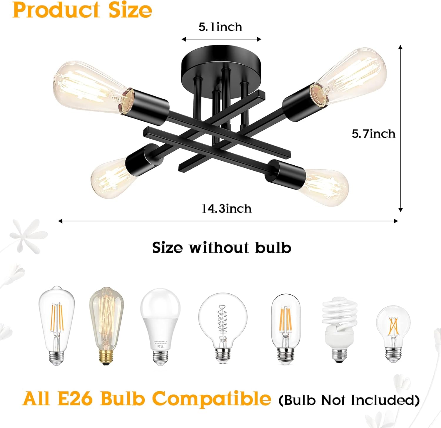 TOBUSA Semi Flush Mount Ceiling Light Fixture Matte Black, Modern Sputnik Close to Ceiling Light, Chandelier Light Fixture Ceiling for Bedroom Kitchen Living Room Dining Room, 4 Light E26 Socket - Grand Goldman