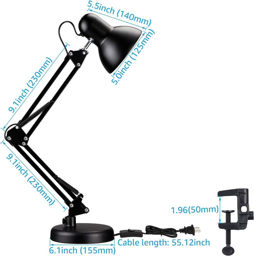 TORCHSTAR Metal Desk Lamp with Clamp, Swing Arm , Architect Adjustable Gooseneck Table Lamp, Clip Desk Lights for Home Office, Work, Study, Reading, E26 Base, Multi-Joint, Black - Grand Goldman