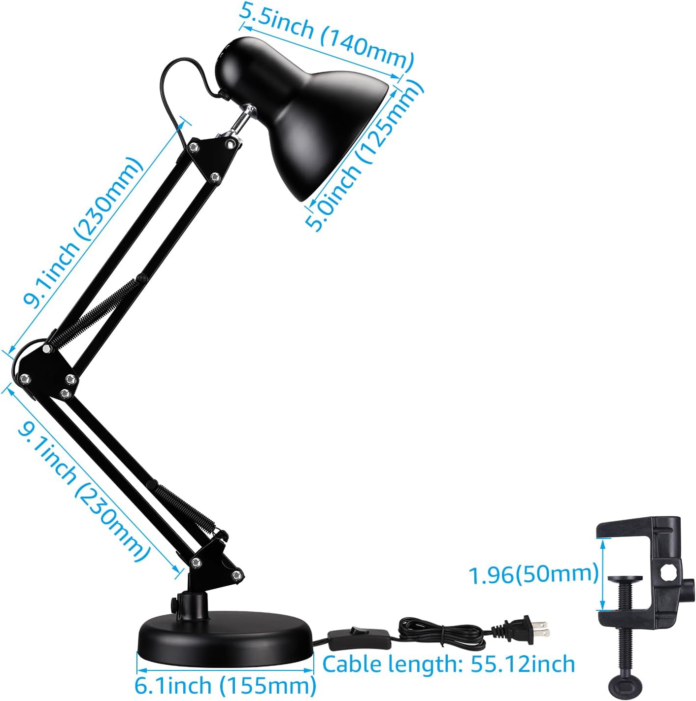 TORCHSTAR Metal Desk Lamp with Clamp, Swing Arm , Architect Adjustable Gooseneck Table Lamp, Clip Desk Lights for Home Office, Work, Study, Reading, E26 Base, Multi-Joint, Black - Grand Goldman