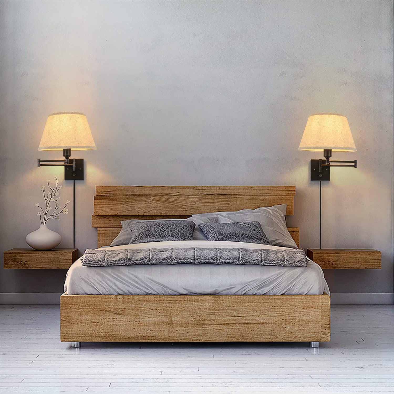 TRLIFE Dimmable Wall Sconce Plug in, Wall Sconces Set of Two Swing Arm Wall Lights with Plug in Cord and On/Off Dimmer Rotary Switch, 11.8" Large Beige Fabric Shade(2 Pack, 2 Bulbs Included) - Grand Goldman