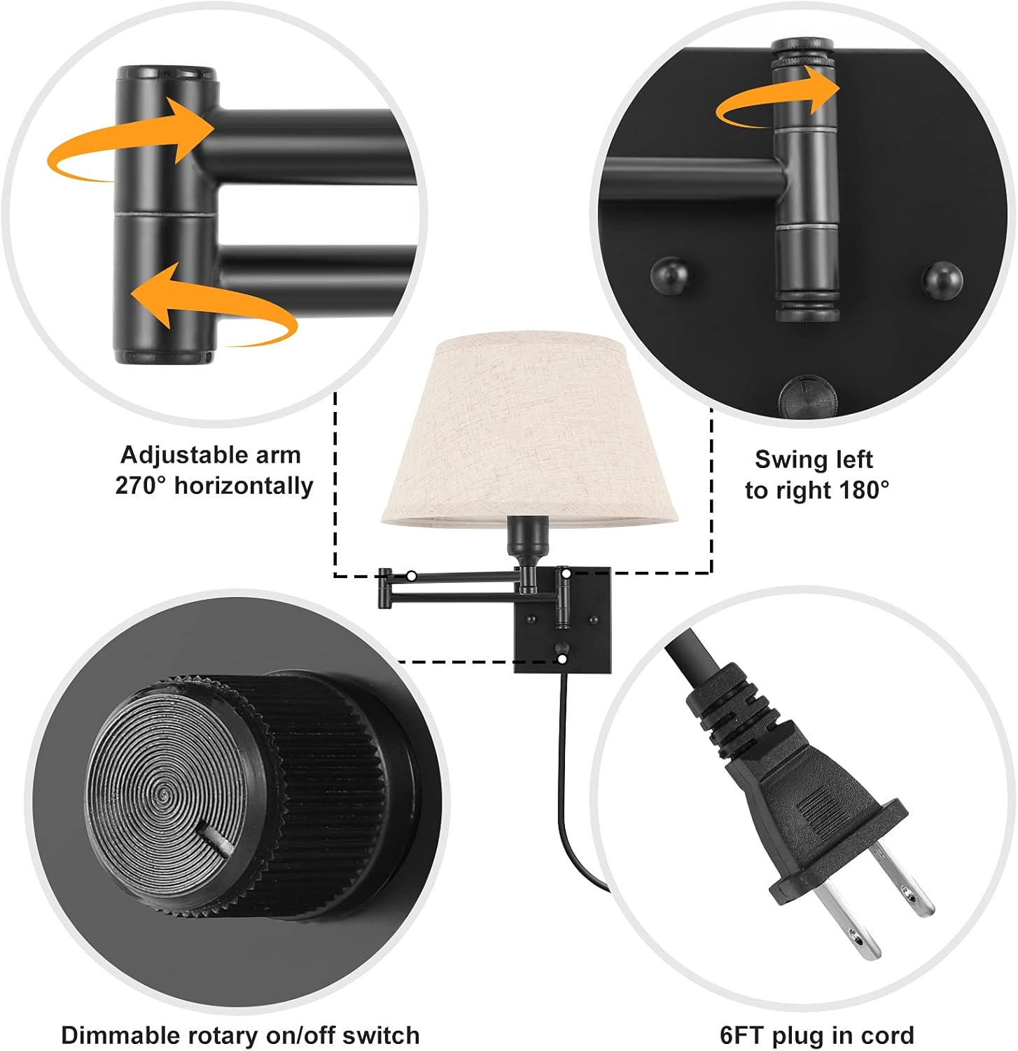 TRLIFE Dimmable Wall Sconce Plug in, Wall Sconces Set of Two Swing Arm Wall Lights with Plug in Cord and On/Off Dimmer Rotary Switch, 11.8" Large Beige Fabric Shade(2 Pack, 2 Bulbs Included) - Grand Goldman