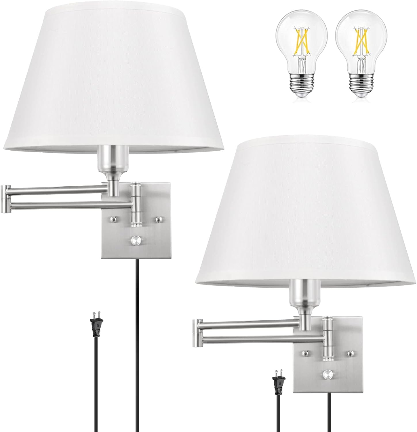 TRLIFE Dimmable Wall Sconce Plug in, Wall Sconces Set of Two Swing Arm Wall Lights with Plug in Cord and On/Off Dimmer Rotary Switch, 11.8" Large Beige Fabric Shade(2 Pack, 2 Bulbs Included) - Grand Goldman