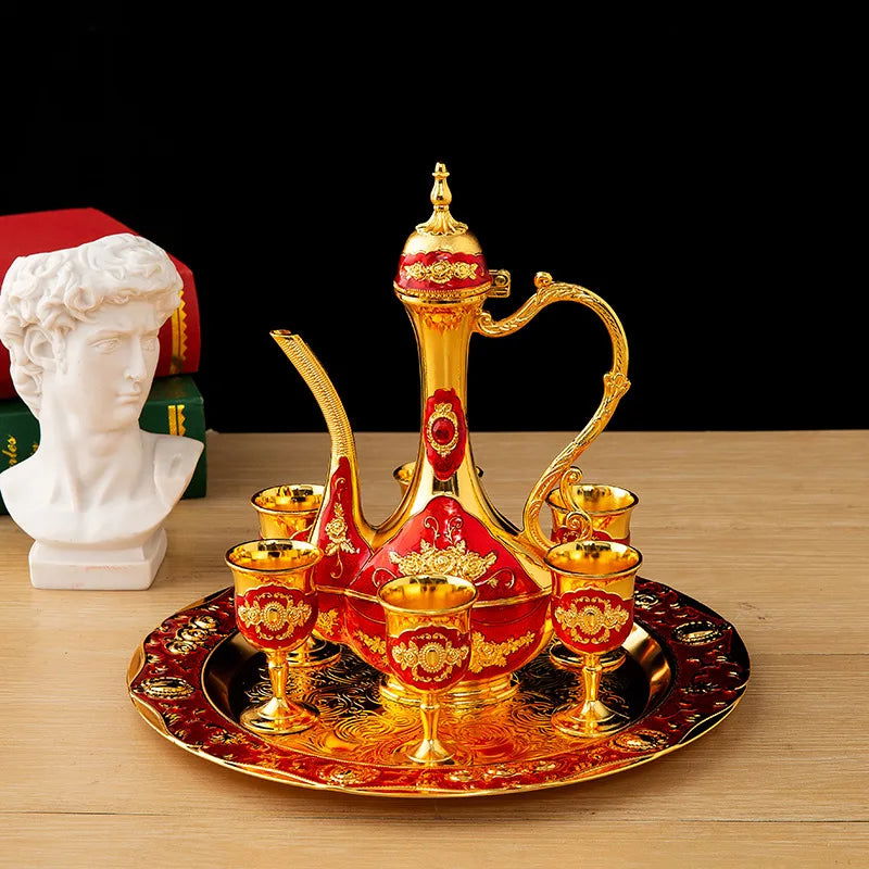 TURKISH Tea Time 7Pcs European alloy wine set, Russian soju cup, retro palace wine set, wine pot, wine cup, three piece set - Grand Goldman