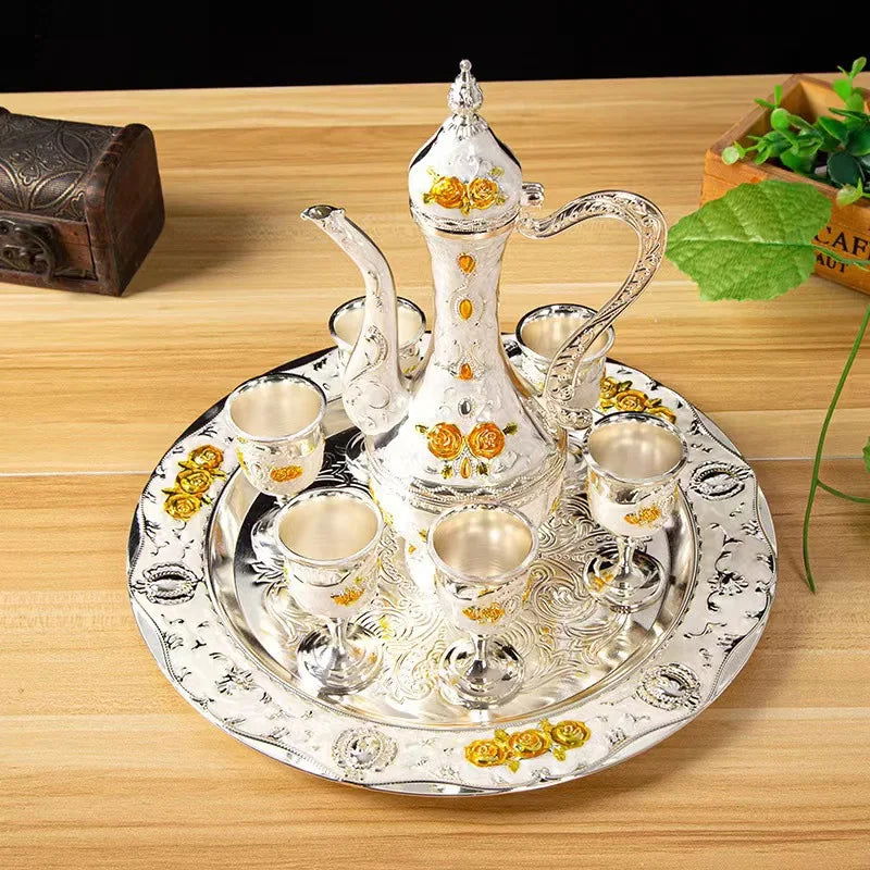 TURKISH Tea Time 7Pcs European alloy wine set, Russian soju cup, retro palace wine set, wine pot, wine cup, three piece set - Grand Goldman