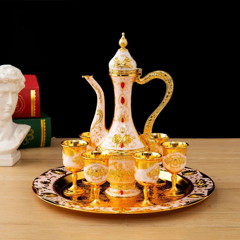TURKISH Tea Time 7Pcs European alloy wine set, Russian soju cup, retro palace wine set, wine pot, wine cup, three piece set - Grand Goldman