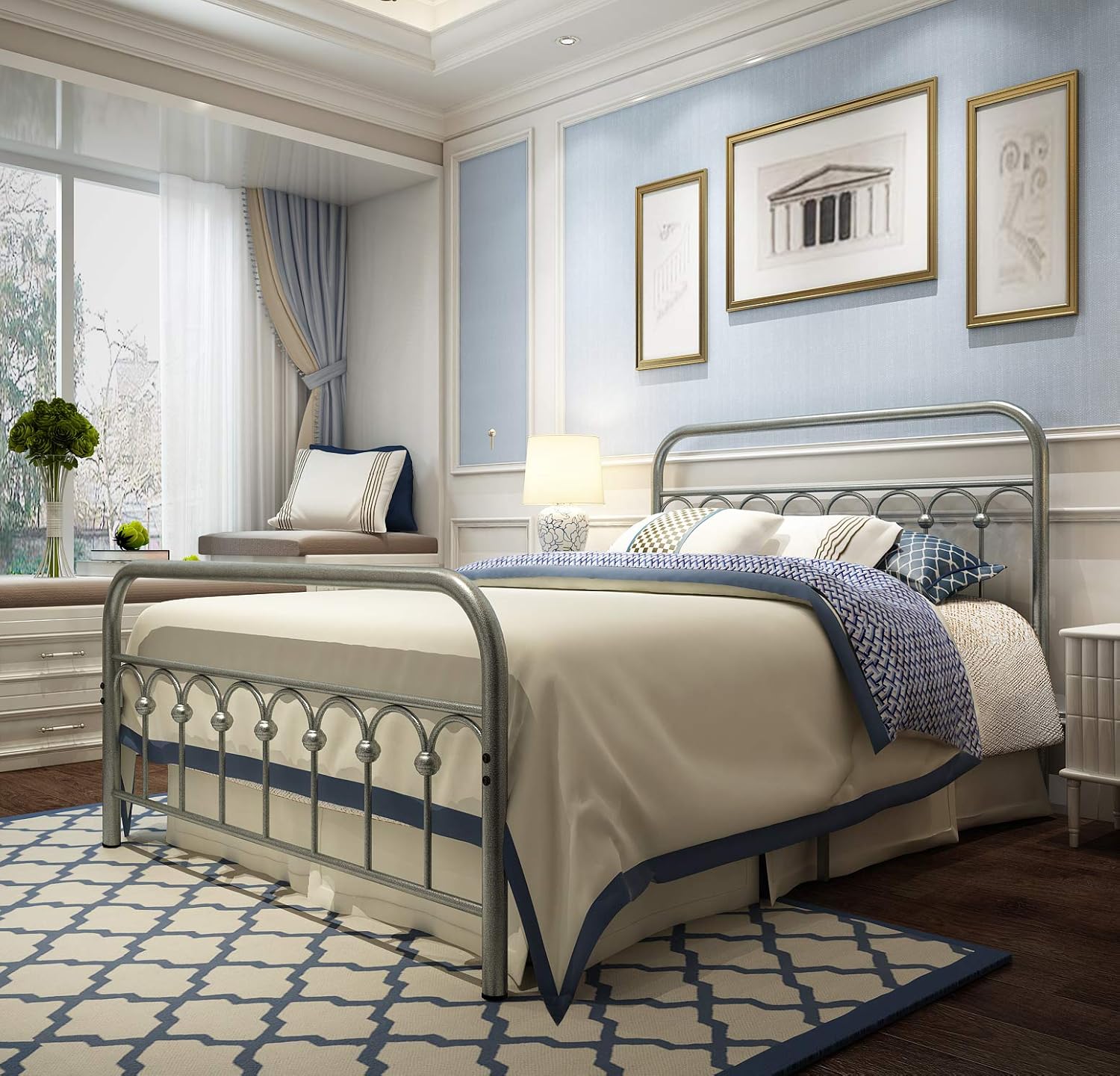 TUSEER Metal Bed Frame Queen Size with Vintage Headboard and Footboard Platform Base Wrought Iron Double Bed Frame (Queen, Antique Brown) - Grand Goldman