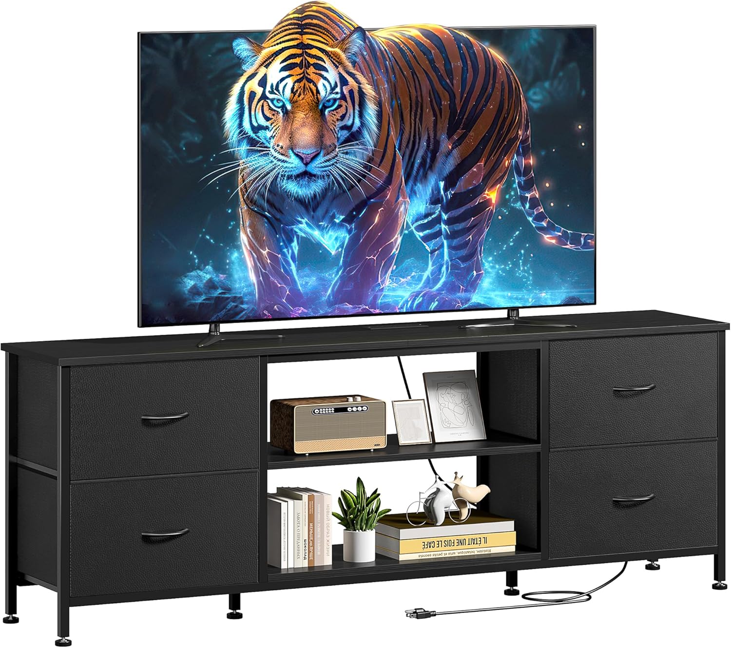 TV Stand Dresser for Bedroom, Entertainment Center with Power Outlet for 50" TV, Dressers with 4 Fabric Drawers & Open Shelves for Living Room, Bedroom, Entryway, Rustic Brown - Grand Goldman