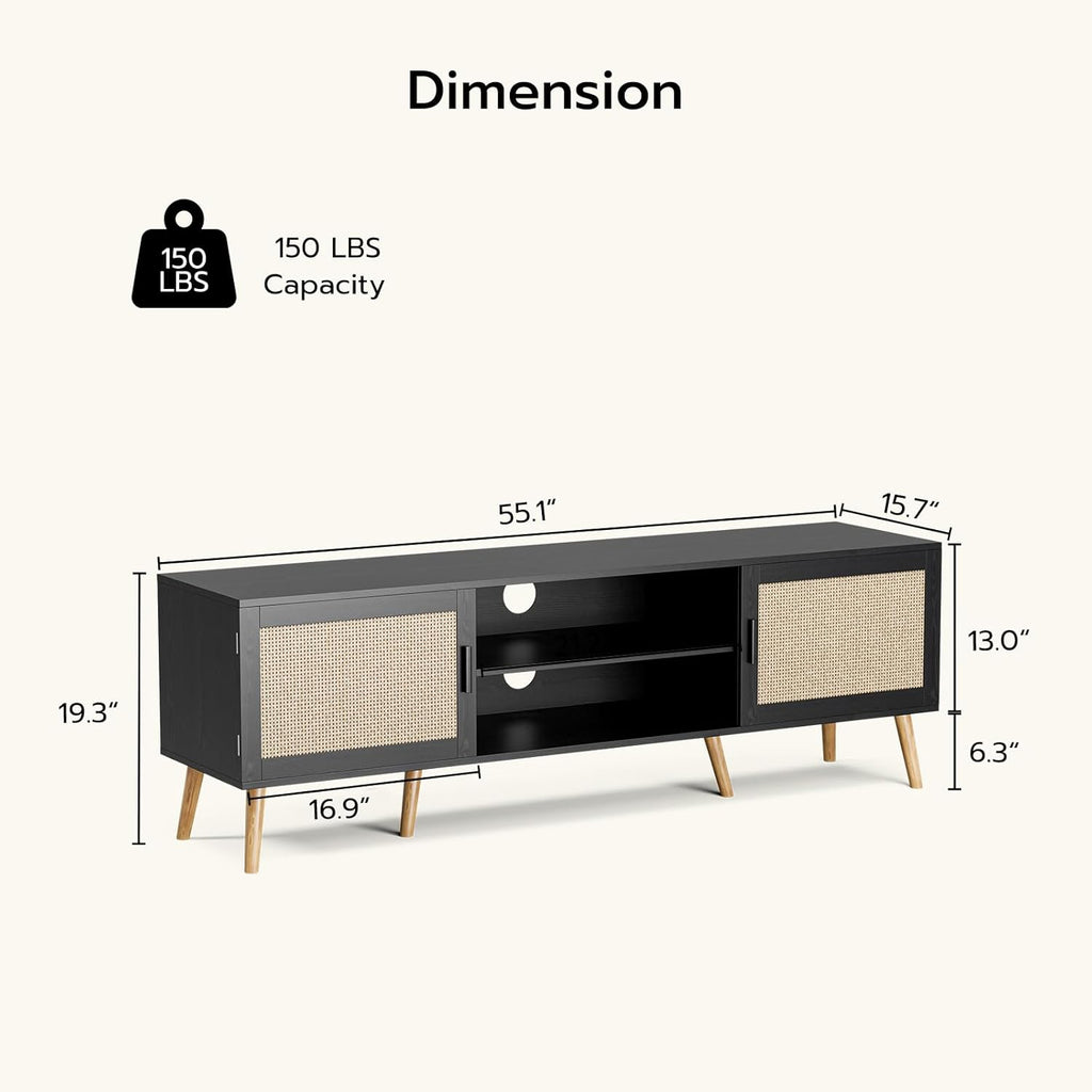 TV Stand for TVs up to 65'', Entertainment Center with Rattan Door, Shelves & 2 Cabinets, Boho Media TV Console for Living Room, Bedroom, Black - Grand Goldman