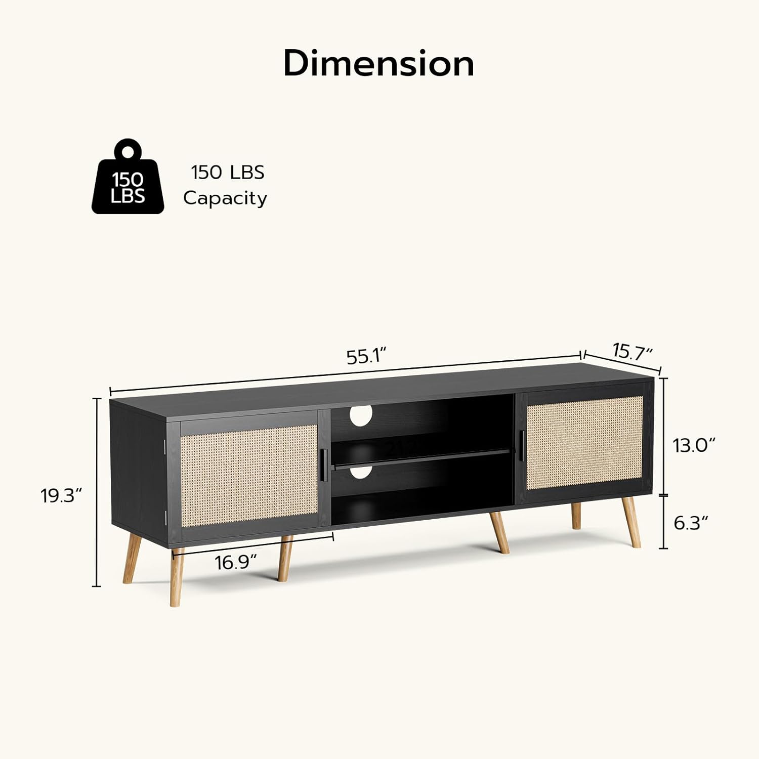 TV Stand for TVs up to 65'', Entertainment Center with Rattan Door, Shelves & 2 Cabinets, Boho Media TV Console for Living Room, Bedroom, Black - Grand Goldman
