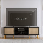 TV Stand for TVs up to 65'', Entertainment Center with Rattan Door, Shelves & 2 Cabinets, Boho Media TV Console for Living Room, Bedroom, Black - Grand Goldman