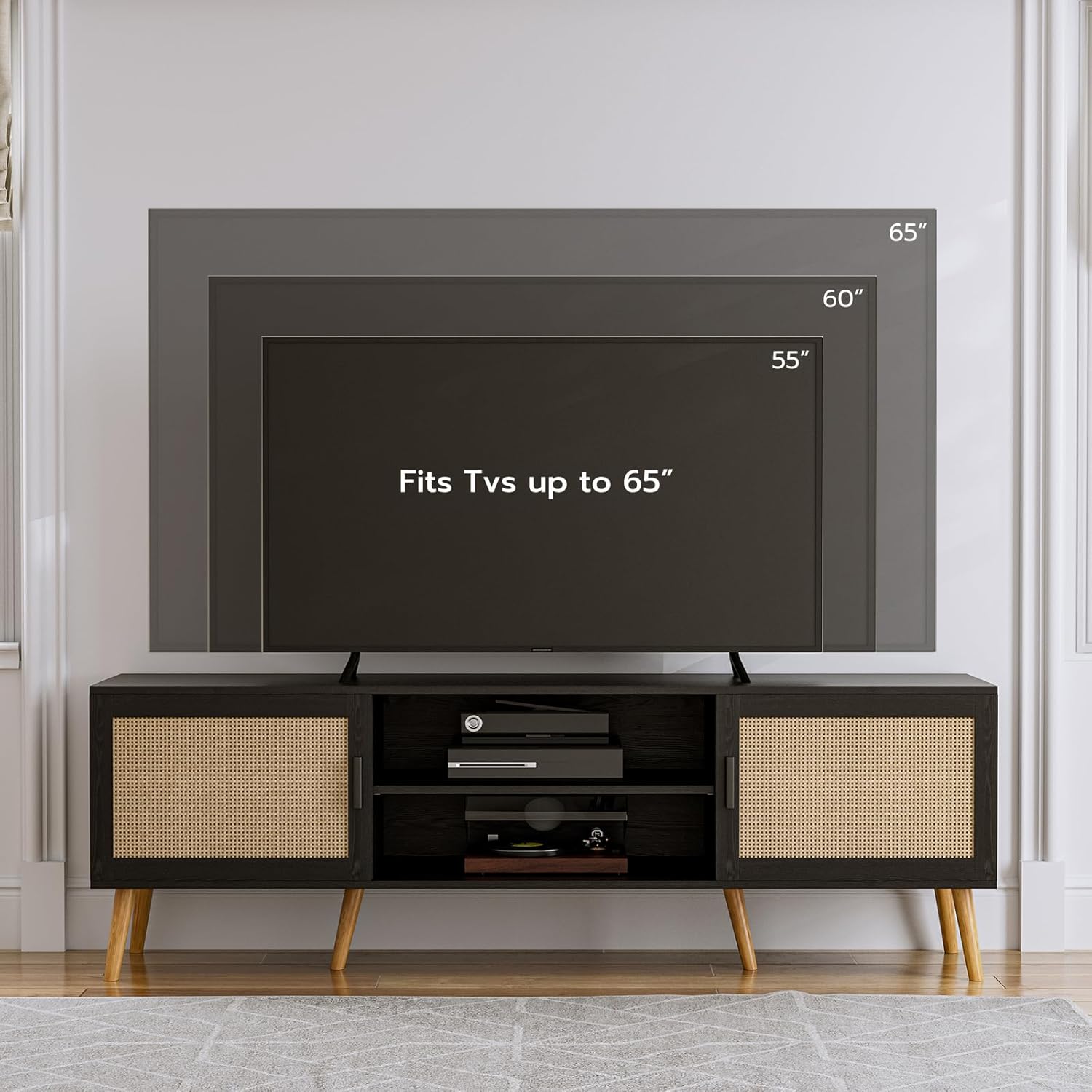 TV Stand for TVs up to 65'', Entertainment Center with Rattan Door, Shelves & 2 Cabinets, Boho Media TV Console for Living Room, Bedroom, Black - Grand Goldman