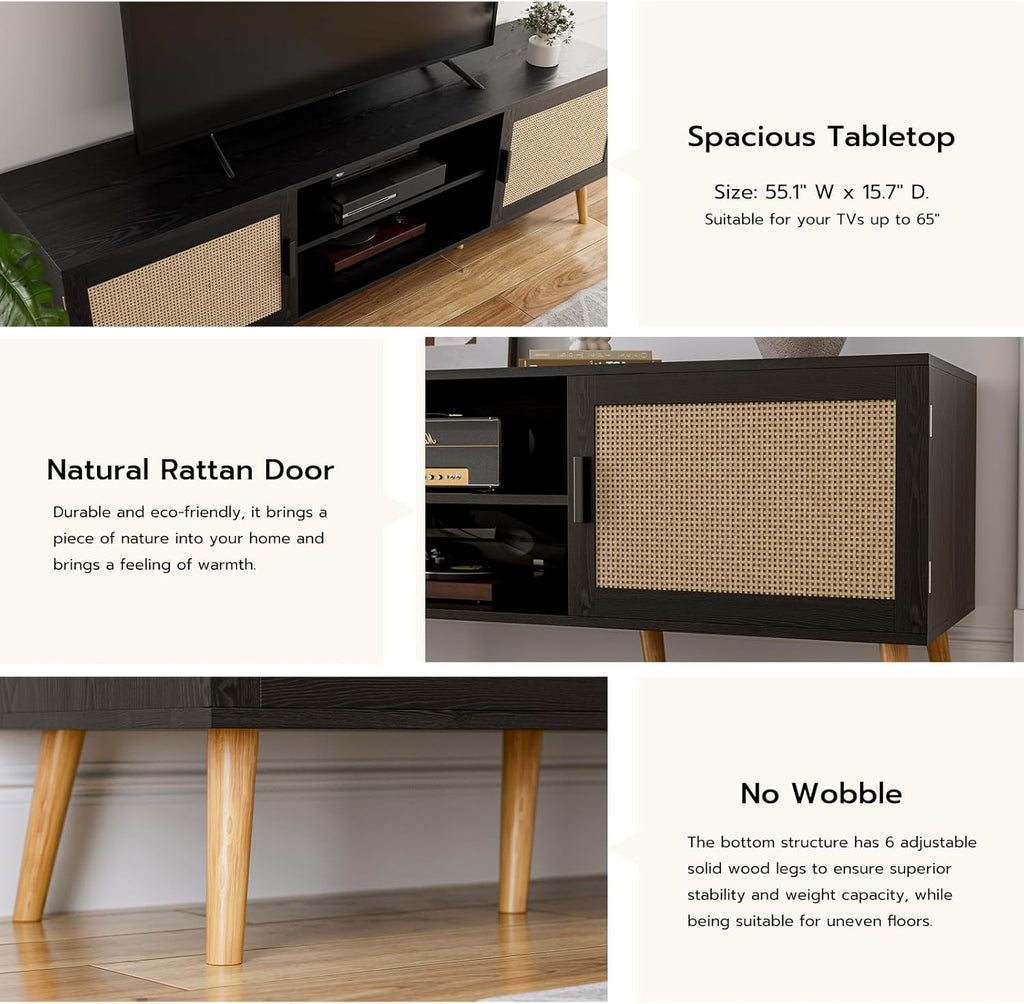 TV Stand for TVs up to 65'', Entertainment Center with Rattan Door, Shelves & 2 Cabinets, Boho Media TV Console for Living Room, Bedroom, Black - Grand Goldman