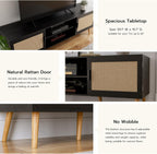 TV Stand for TVs up to 65'', Entertainment Center with Rattan Door, Shelves & 2 Cabinets, Boho Media TV Console for Living Room, Bedroom, Black - Grand Goldman