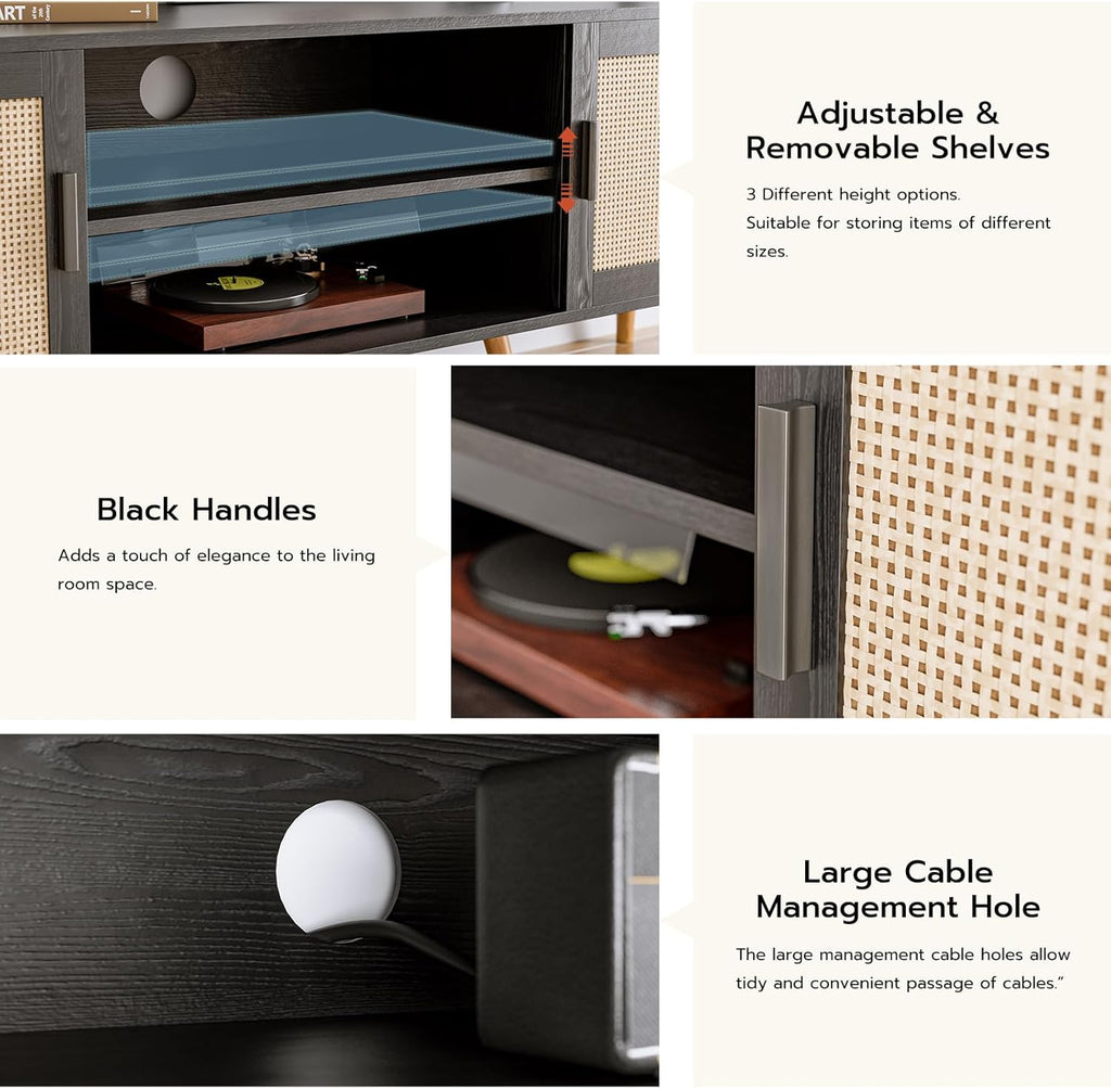 TV Stand for TVs up to 65'', Entertainment Center with Rattan Door, Shelves & 2 Cabinets, Boho Media TV Console for Living Room, Bedroom, Black - Grand Goldman