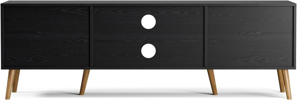 TV Stand for TVs up to 65'', Entertainment Center with Rattan Door, Shelves & 2 Cabinets, Boho Media TV Console for Living Room, Bedroom, Black - Grand Goldman