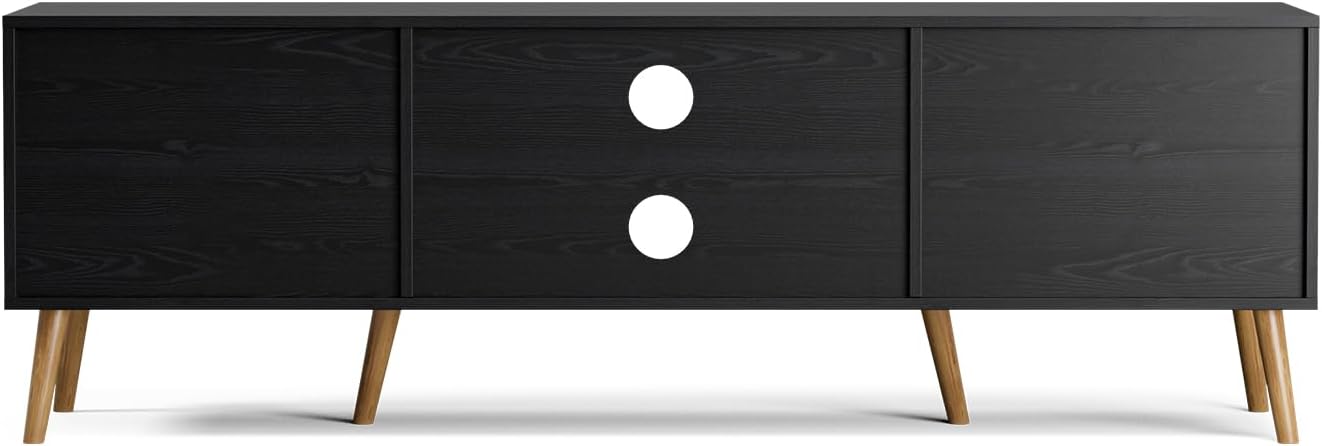 TV Stand for TVs up to 65'', Entertainment Center with Rattan Door, Shelves & 2 Cabinets, Boho Media TV Console for Living Room, Bedroom, Black - Grand Goldman