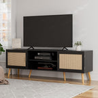 TV Stand for TVs up to 65'', Entertainment Center with Rattan Door, Shelves & 2 Cabinets, Boho Media TV Console for Living Room, Bedroom, Black - Grand Goldman