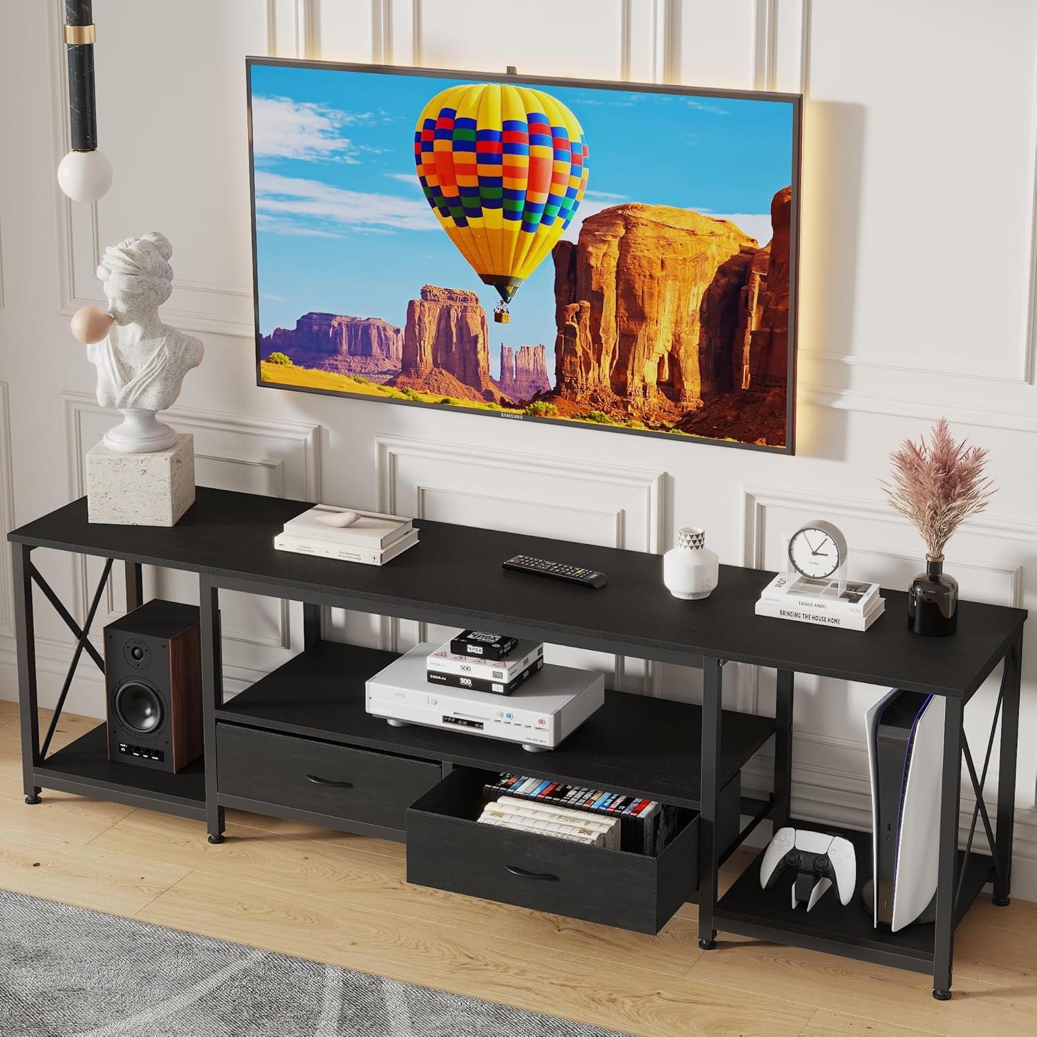TV Stand with Fabric Drawer for 55 60 65 Inches TV - Entertainment Center and Industrial TV Console Table with Open Storage Shelves for Living Room, Bedroom - 55.1" Rustic Brown - Grand Goldman