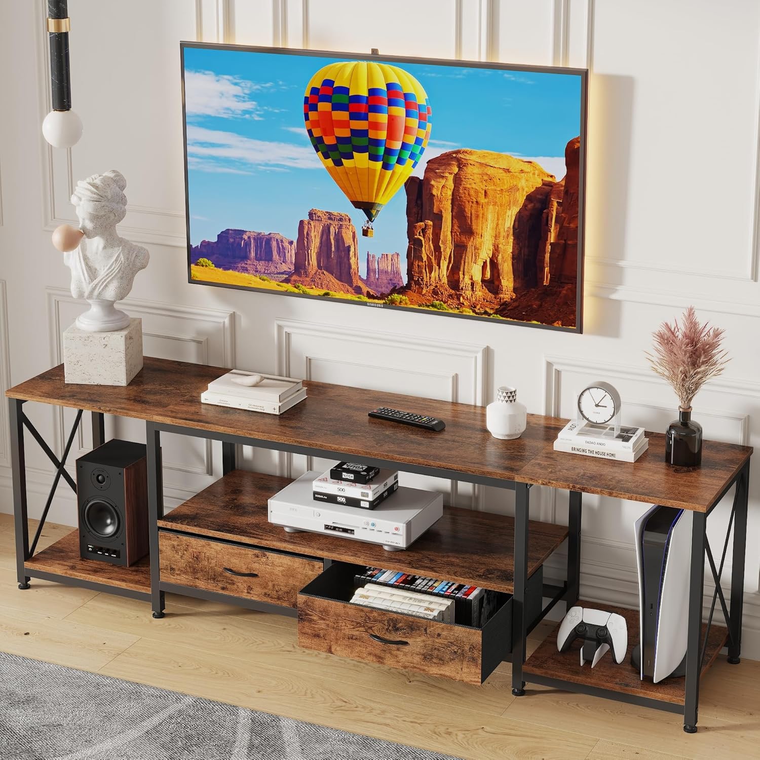 TV Stand with Fabric Drawer for 55 60 65 Inches TV - Entertainment Center and Industrial TV Console Table with Open Storage Shelves for Living Room, Bedroom - 55.1" Rustic Brown - Grand Goldman