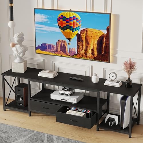 TV Stand with Fabric Drawer for 55 60 65 Inches TV - Entertainment Center and Industrial TV Console Table with Open Storage Shelves for Living Room, Bedroom - 55.1" Rustic Brown - Grand Goldman