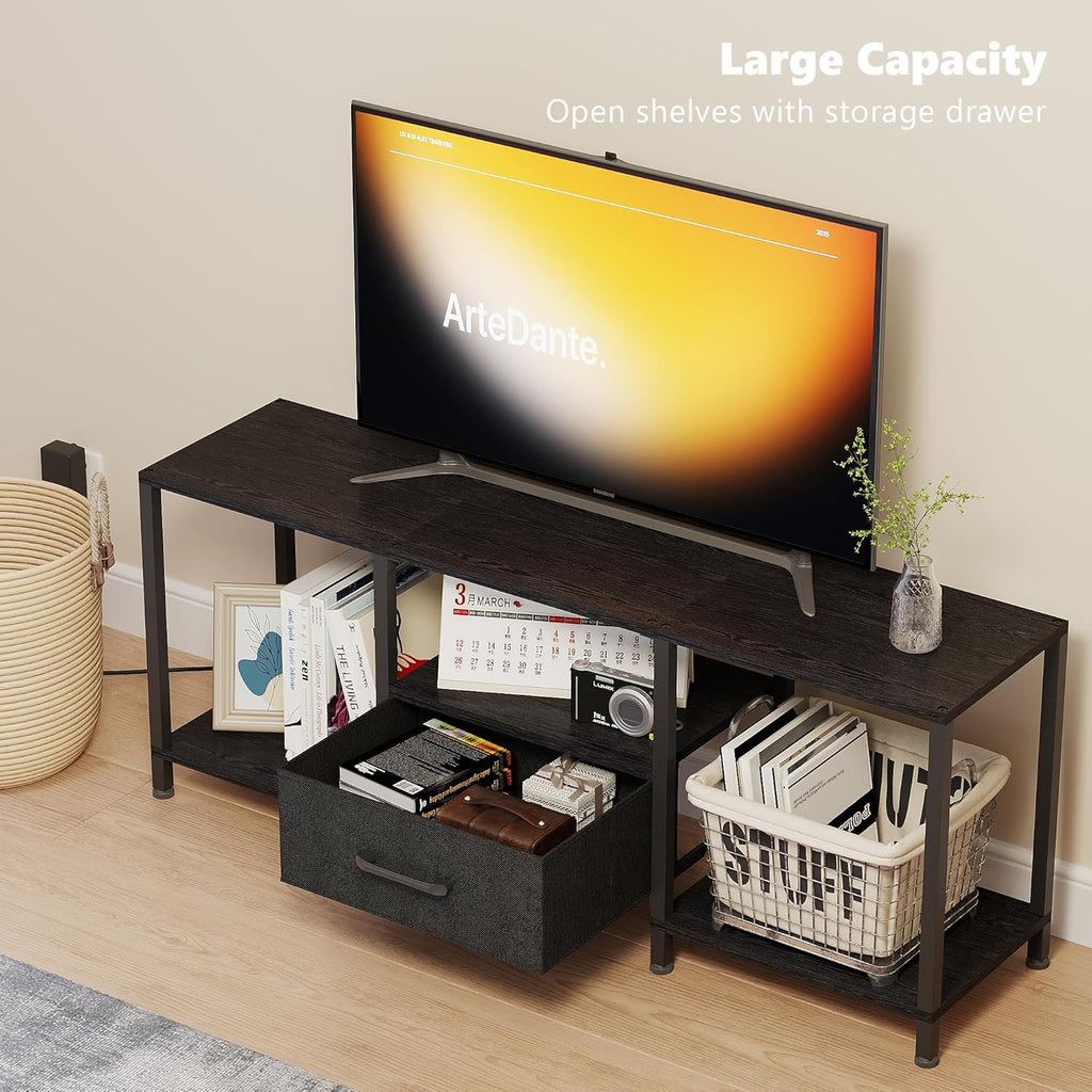 TV Stand with LED Lights, Entertainment Center with Open Shelves and Fabric Drawer, Media Console for 55 Inch TV, Television Stands for Living Room, Bedroom, Black - Grand Goldman