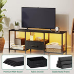 TV Stand with LED Lights, Entertainment Center with Open Shelves and Fabric Drawer, Media Console for 55 Inch TV, Television Stands for Living Room, Bedroom, Black - Grand Goldman