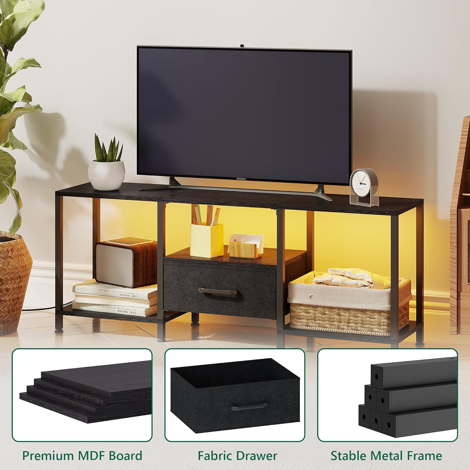 TV Stand with LED Lights, Entertainment Center with Open Shelves and Fabric Drawer, Media Console for 55 Inch TV, Television Stands for Living Room, Bedroom, Black - Grand Goldman