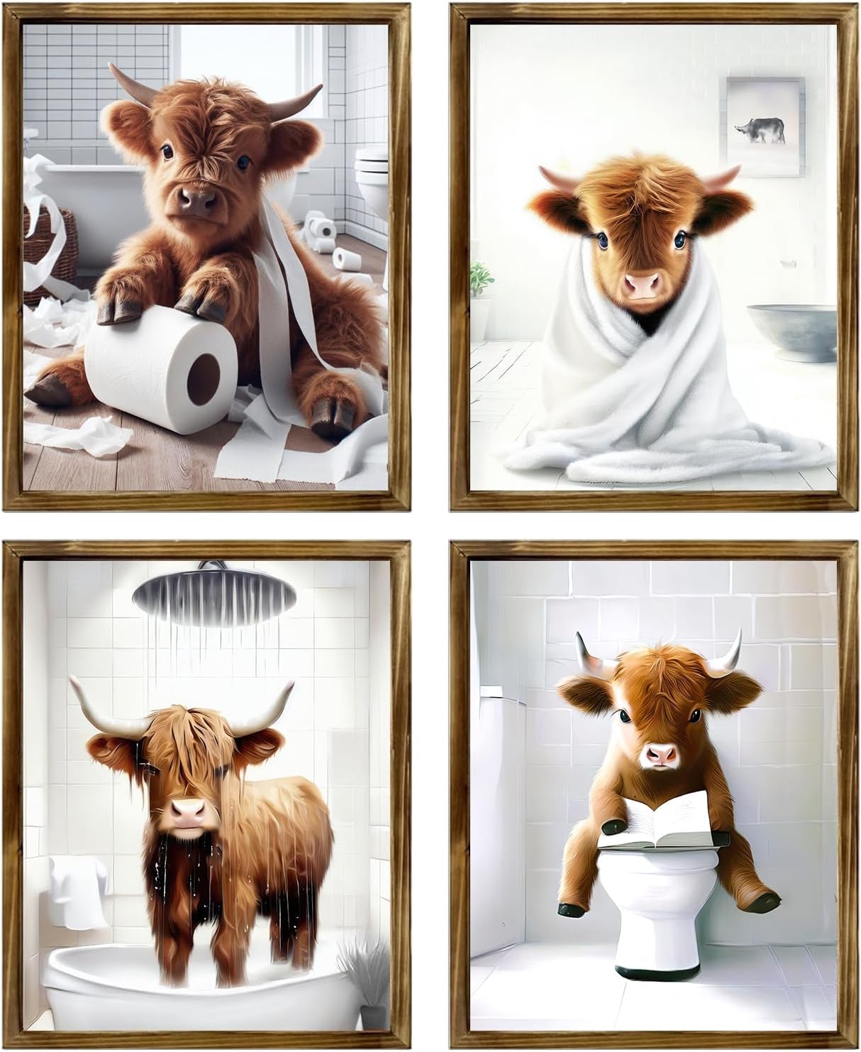 TWNSLLA Highland Cow Funny Bathroom Decor Wall Art,Bathroom Highland Cow Art Prints,Rustic Farmhouse Bathroom Wall Decor,Funny Bathroom Signs Animal Canvas Wall Art,UNFRAMED,8x10inchx4pcs - Grand Goldman