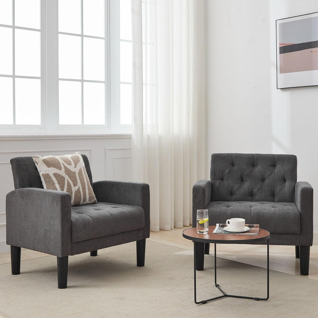 TYBOATLE Accent Chairs Set of 2, Mid Century Modern Upholstered Tufted Living Room Chair for Bedroom, Armchair Single Sofa，Reading Lounging Side Lounge Office Chair (Dark Grey, Set of 2) - Grand Goldman