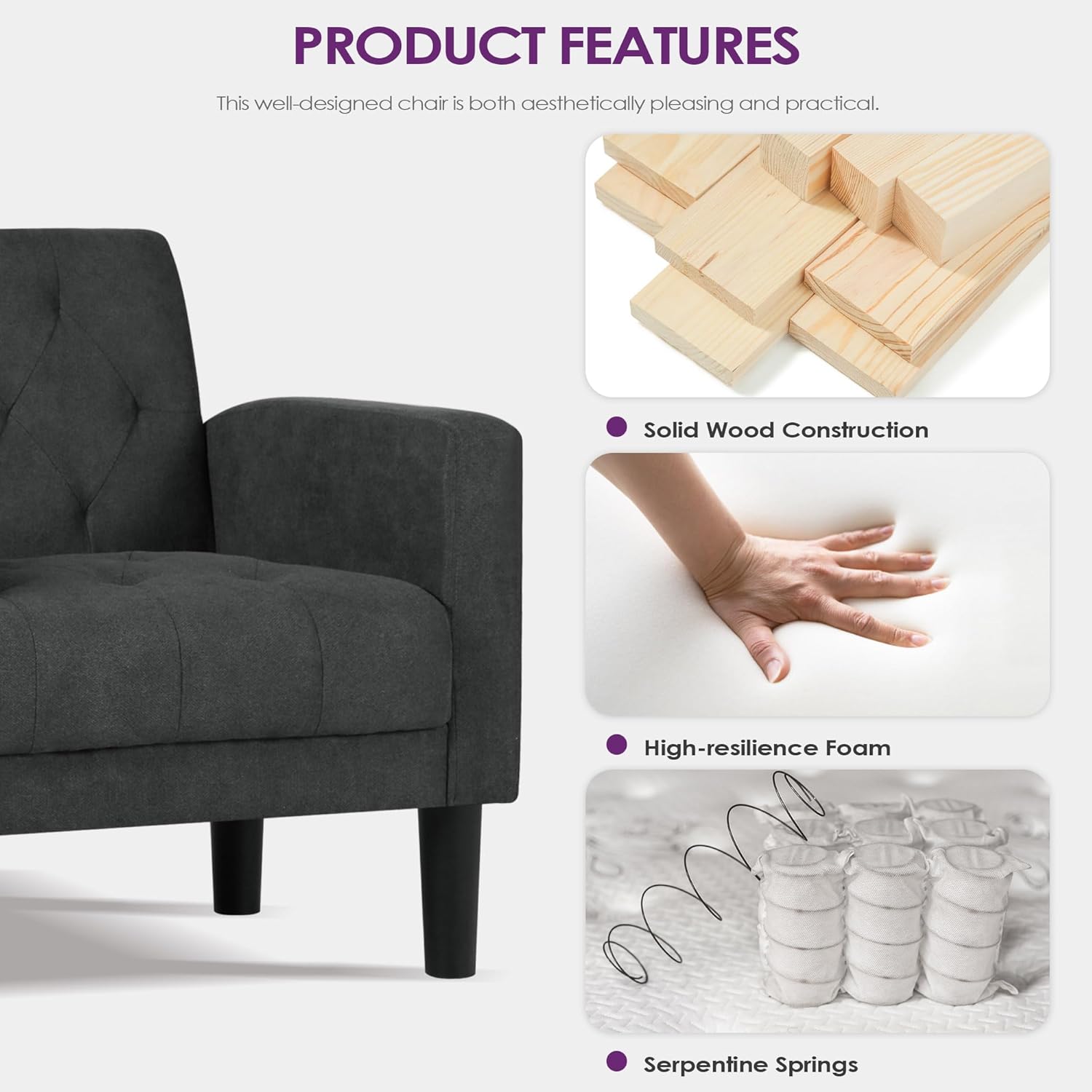 TYBOATLE Accent Chairs Set of 2, Mid Century Modern Upholstered Tufted Living Room Chair for Bedroom, Armchair Single Sofa，Reading Lounging Side Lounge Office Chair (Dark Grey, Set of 2) - Grand Goldman