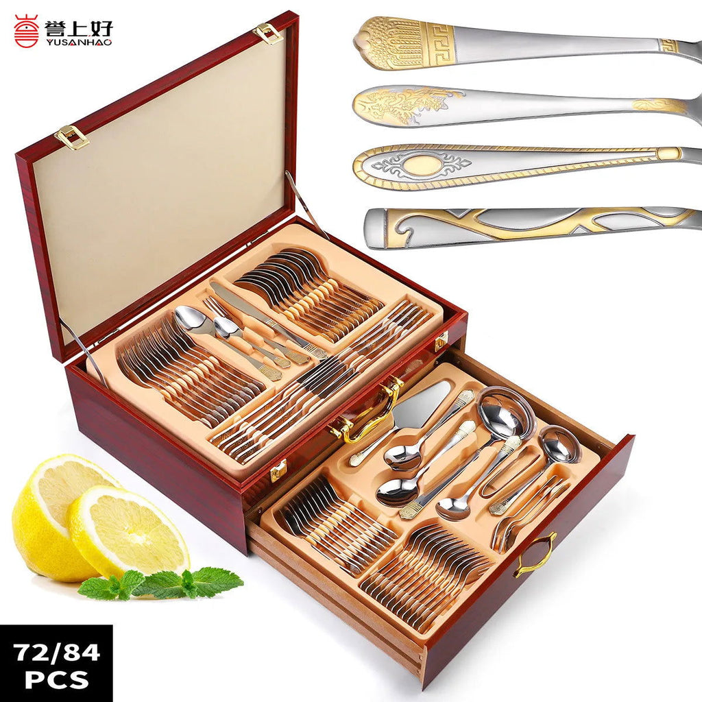 Tableware set of 72 pieces, gold-plated stainless steel knife, fork, spoon, gift box, wooden box - Grand Goldman