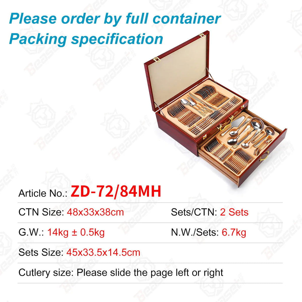Tableware set of 72 pieces, gold-plated stainless steel knife, fork, spoon, gift box, wooden box - Grand Goldman