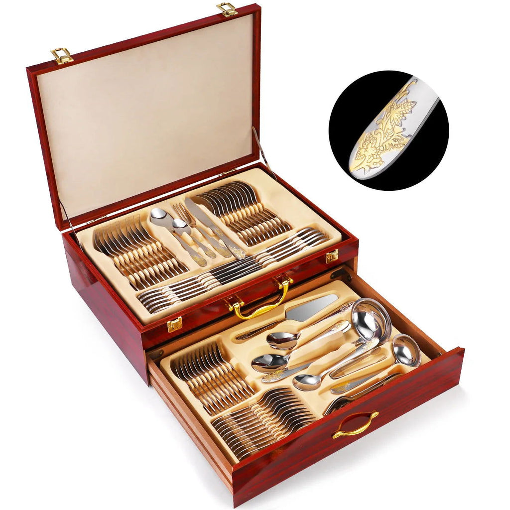 Tableware set of 72 pieces, gold-plated stainless steel knife, fork, spoon, gift box, wooden box - Grand Goldman