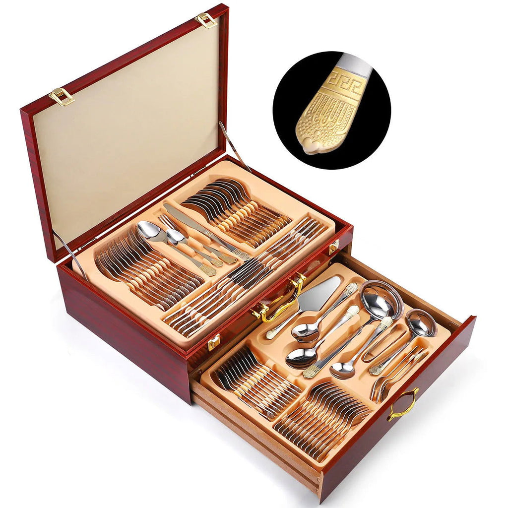 Tableware set of 72 pieces, gold-plated stainless steel knife, fork, spoon, gift box, wooden box - Grand Goldman