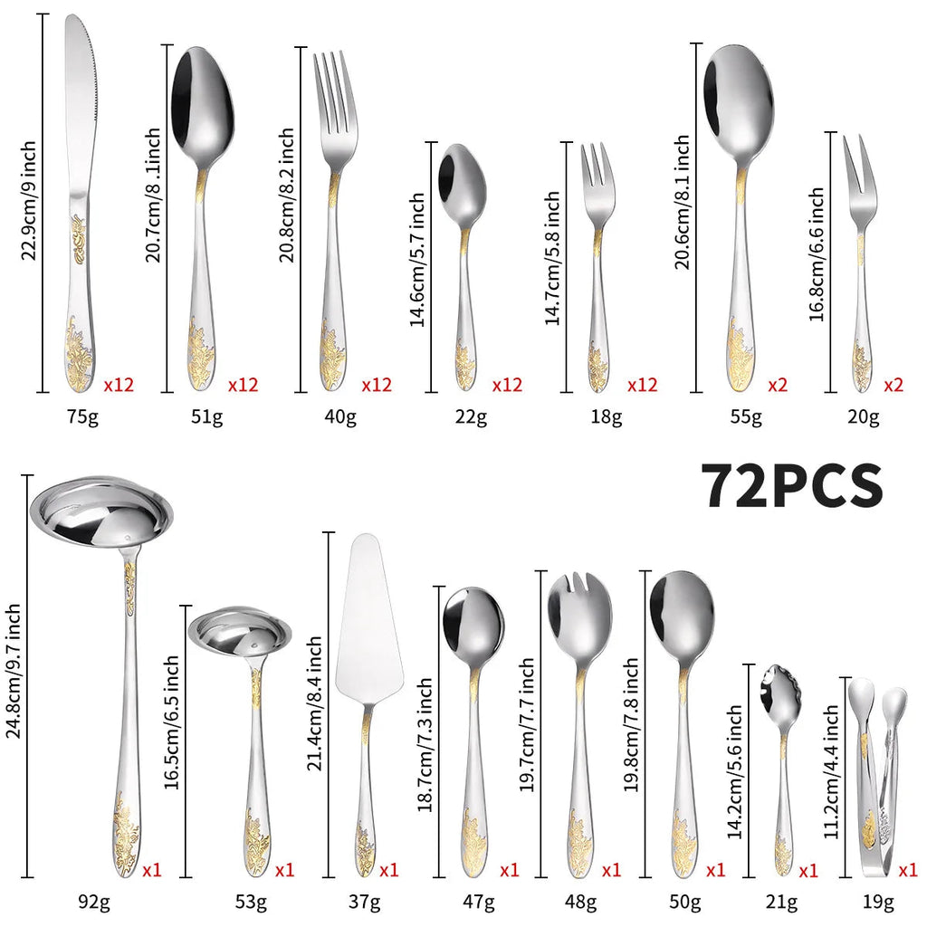 Tableware set of 72 pieces, gold-plated stainless steel knife, fork, spoon, gift box, wooden box - Grand Goldman