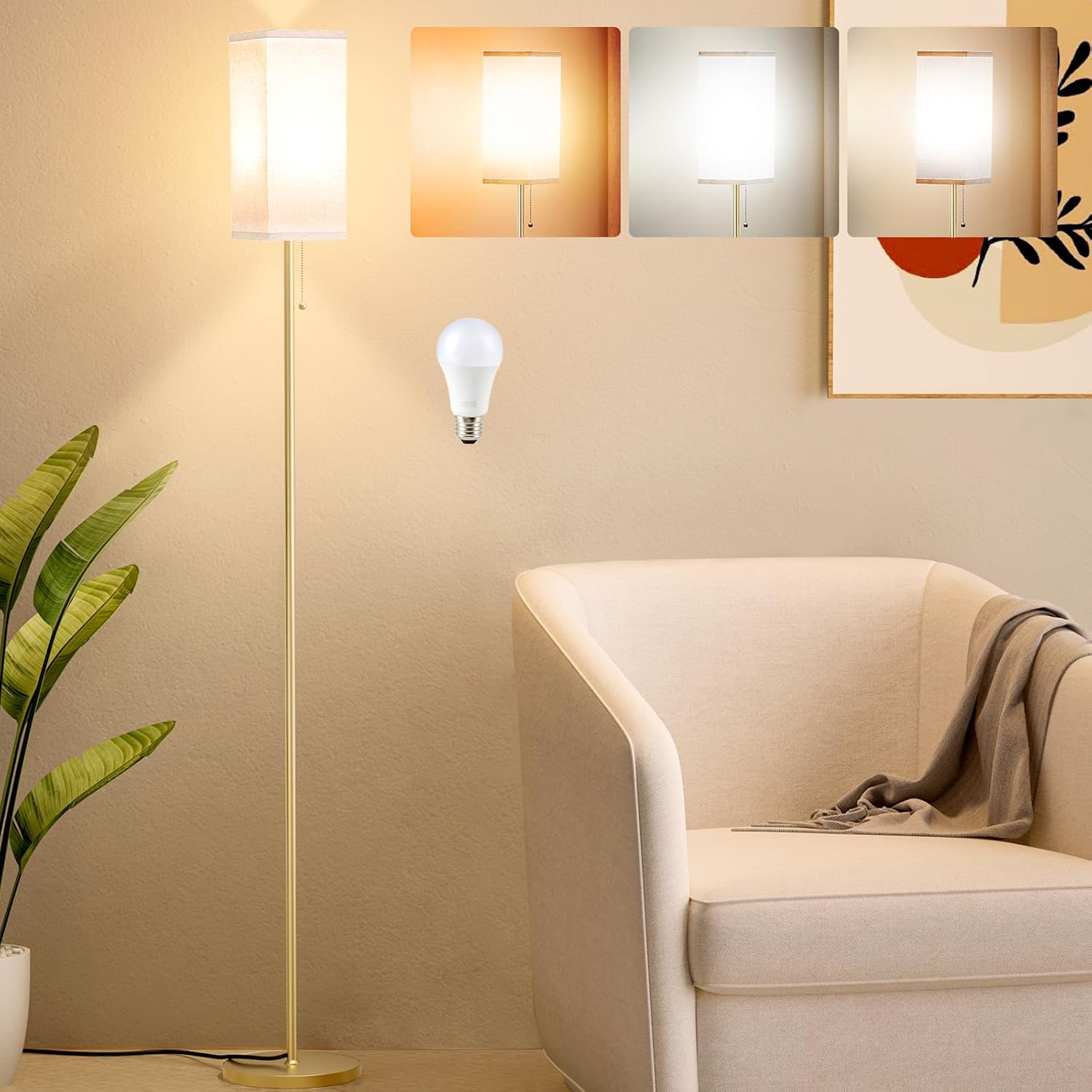Tall Floor Lamp with Linen Shade - 3 Color Temperature, Black, LED Bulbs, Pull Chain Switch, Easy Assembly - Grand Goldman